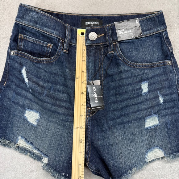 Express Shorts Women's 4 Shortie Super High Rise Blue Distressed Raw Hem Denim - Picture 9 of 11